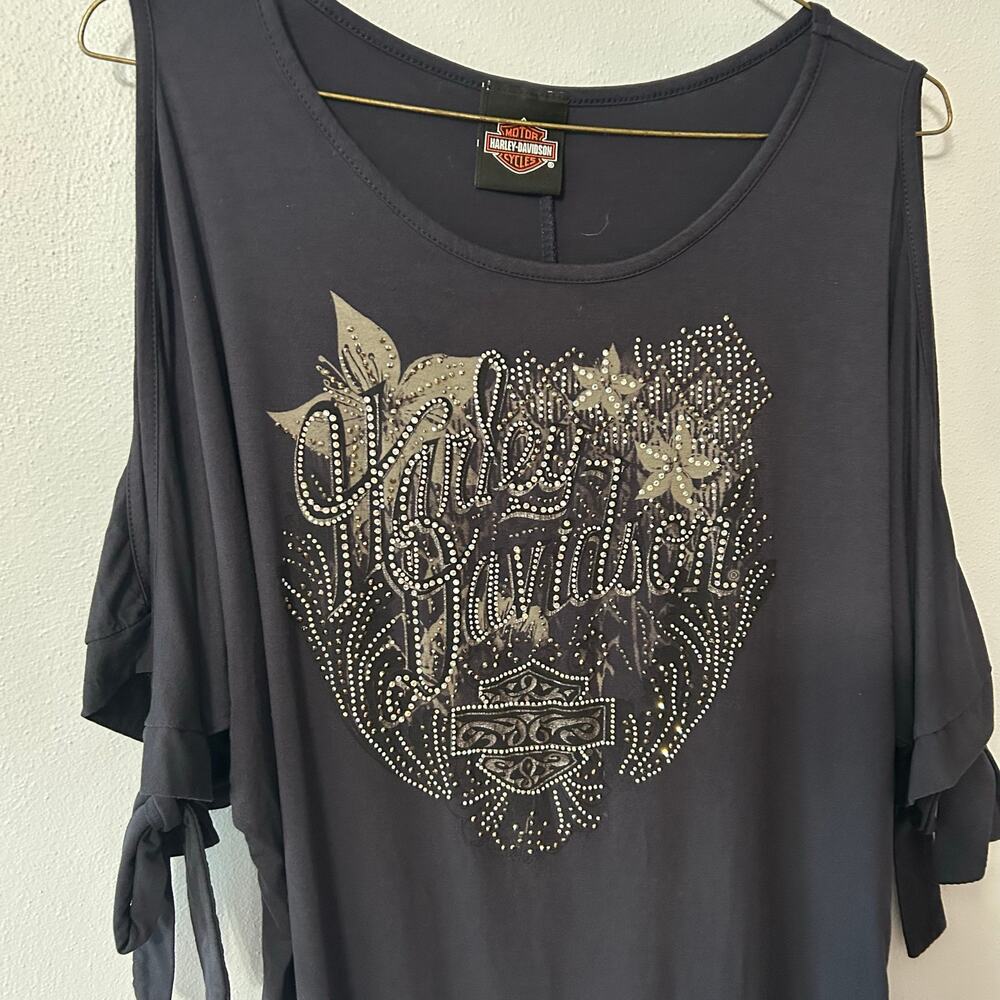 Harley-Davidson Rhinestone Embellished Split Tied Sleeve Women's Sz XL - Picture 2 of 13